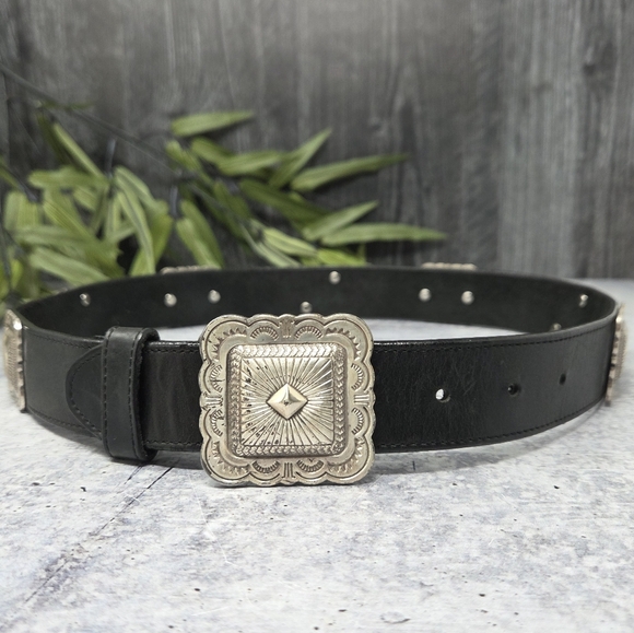 Vintage Brighton 1992 Western Black Concho Leather Belt Silver Buckle Medallions - Picture 9 of 9